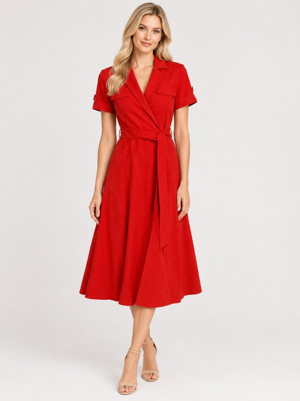 TAHARI Arhtur S. Levine Petite Utility Midi Wrap Shirt Dress Red 6P #A4587